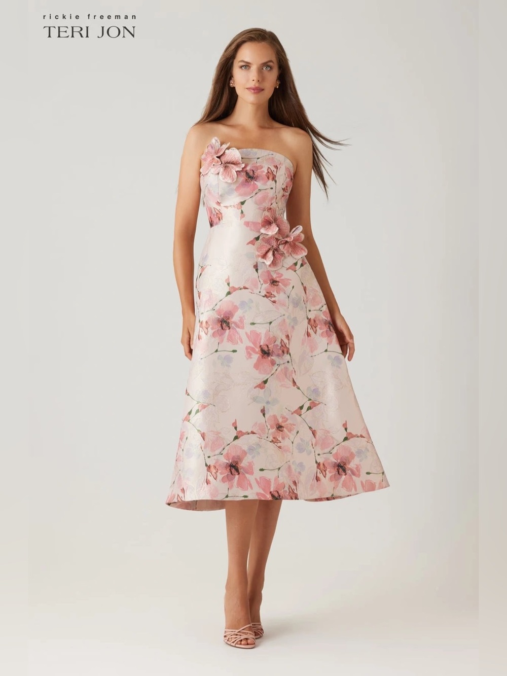 Teri Jon  - Strapless 3D Flower Fit and Flare Dress